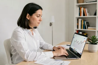 Femme consultant des données financières de SCPI sur un ordinateur portable dans un bureau à domicile moderne