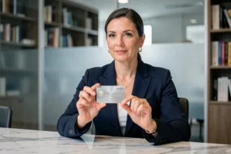 Femme élégante tenant une carte bancaire haut de gamme Crédit Agricole dans un bureau bancaire moderne