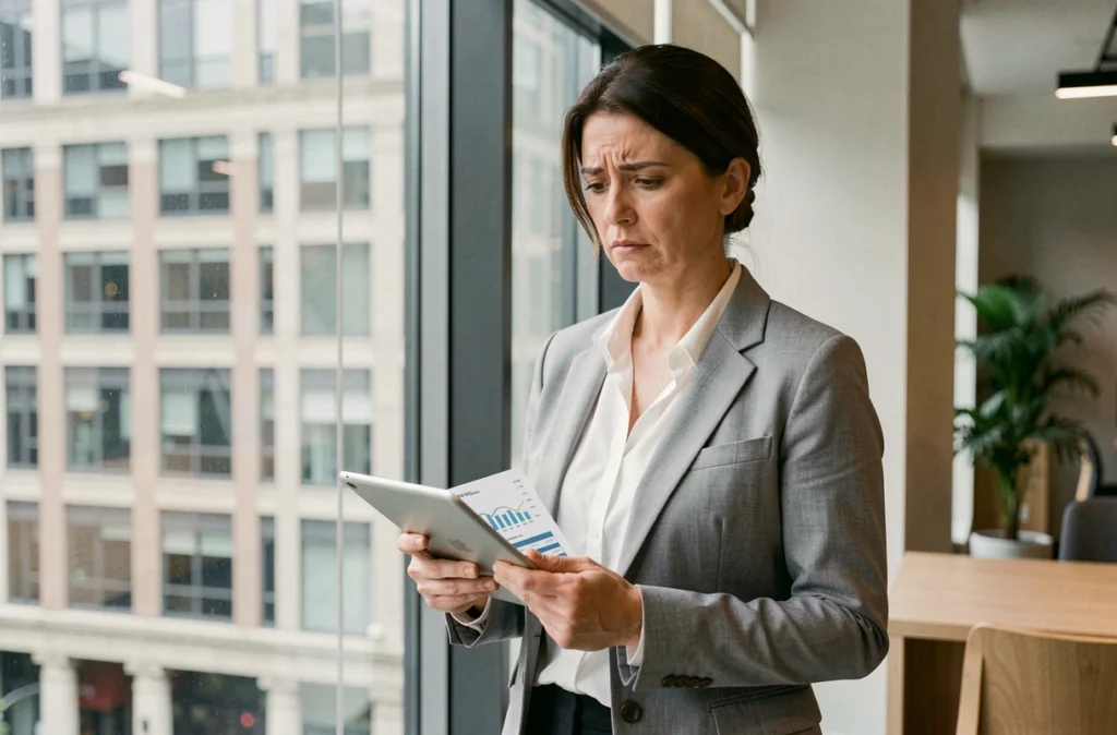 Femme d'affaires consultant des graphiques financiers sur tablette dans un espace de coworking avec vue urbaine pour évaluer un investissement immobilier