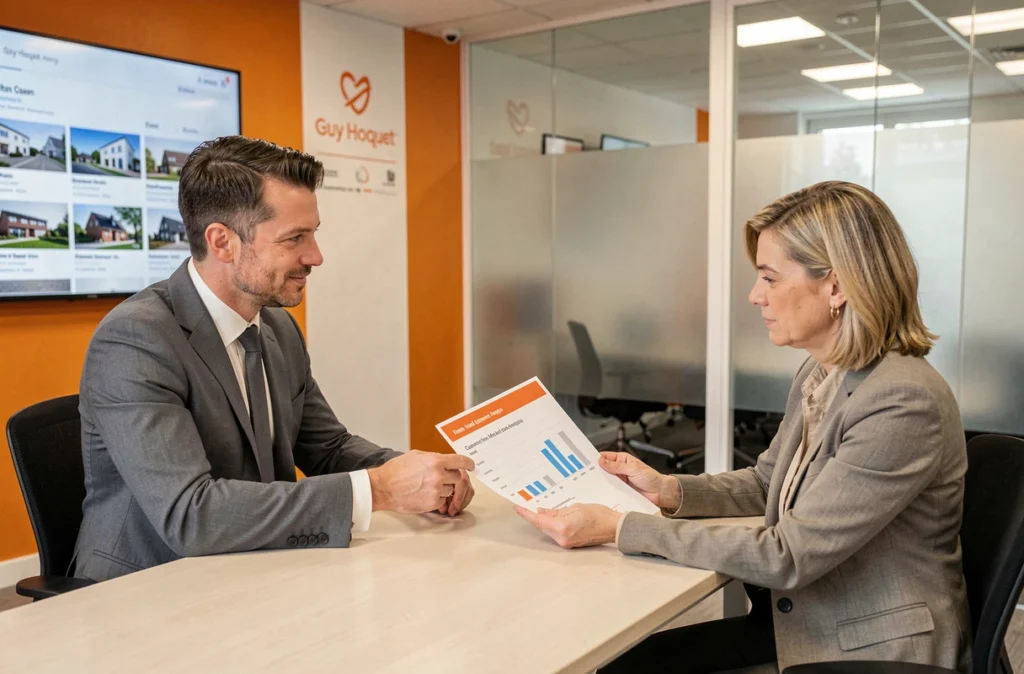 Conseiller Guy Hoquet Caen présentant une estimation locative et des conseils en investissement à une cliente