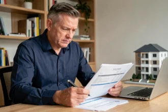 Homme en chemise bleue analysant des documents financiers sur un bureau en bois pour évaluer les risques de la pierre papier