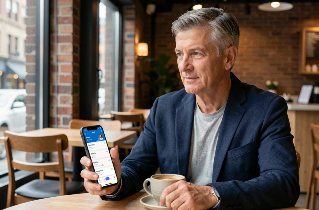 Homme consultant une application bancaire en ligne pour investir en SCPI depuis un café urbain