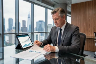 Investisseur analysant les performances de la SCPI Corum XL sur tablette et documents financiers dans un bureau moderne