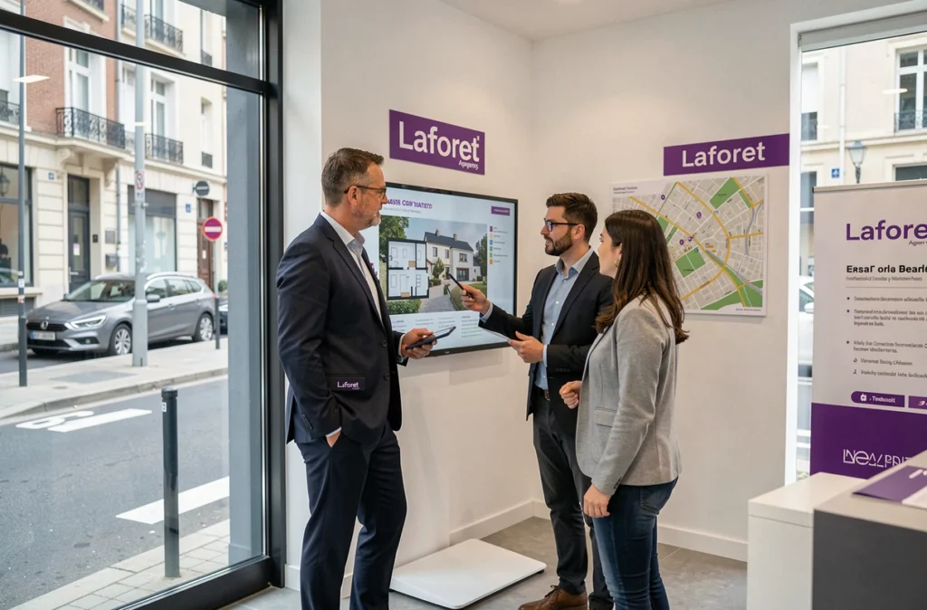 Agent immobilier Laforêt Caen présentant des options de gestion locative et de transaction à un couple d'investisseurs