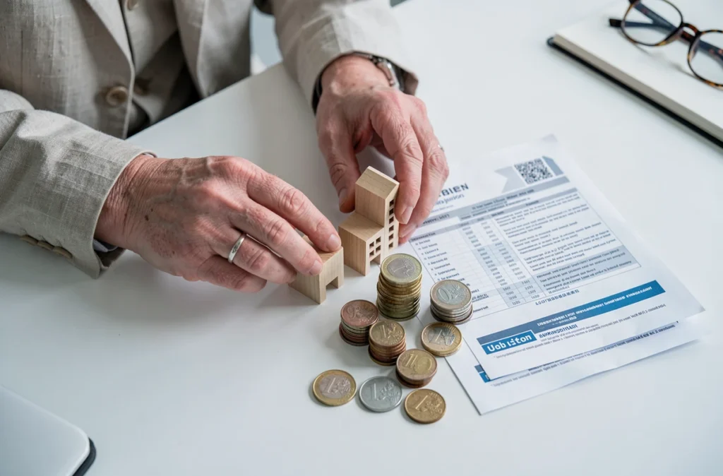 Mains posant des modèles de bâtiments en bois à côté de pièces d'euro et d'un prospectus financier sur une table, symbolisant les risques de la pierre papier