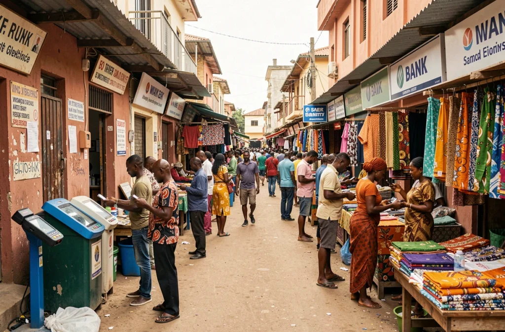 Marché urbain animé dans un pays émergent africain mêlant commerce traditionnel et technologie moderne