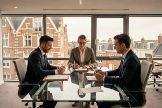 Réunion de courtiers en assurance dans un bureau moderne des Hauts-de-France avec vue sur une architecture urbaine flamande