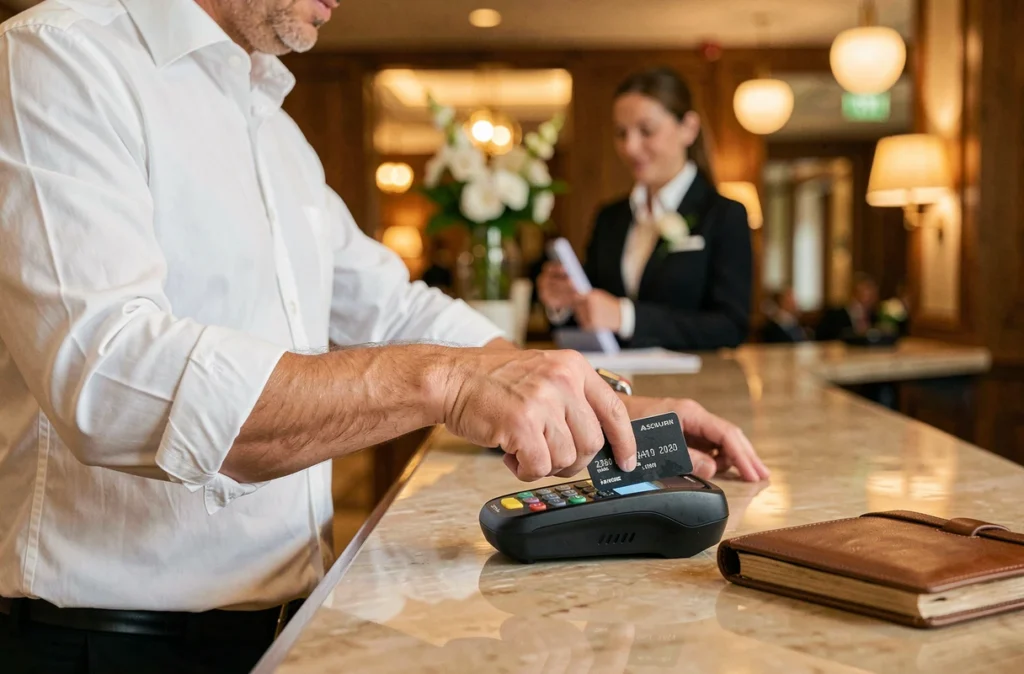 Homme effectuant un paiement sans contact avec une carte premium dans le hall d'un hôtel de luxe