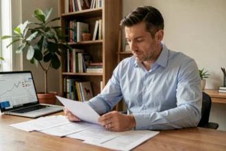 Homme consultant une simulation de crédit Macif sur ordinateur portable dans un bureau à domicile