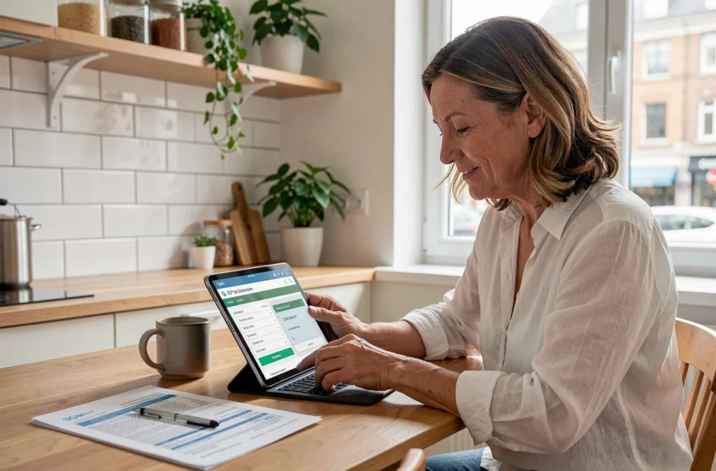 Femme consultant une simulation fiscale SCPI sur tablette depuis son domicile