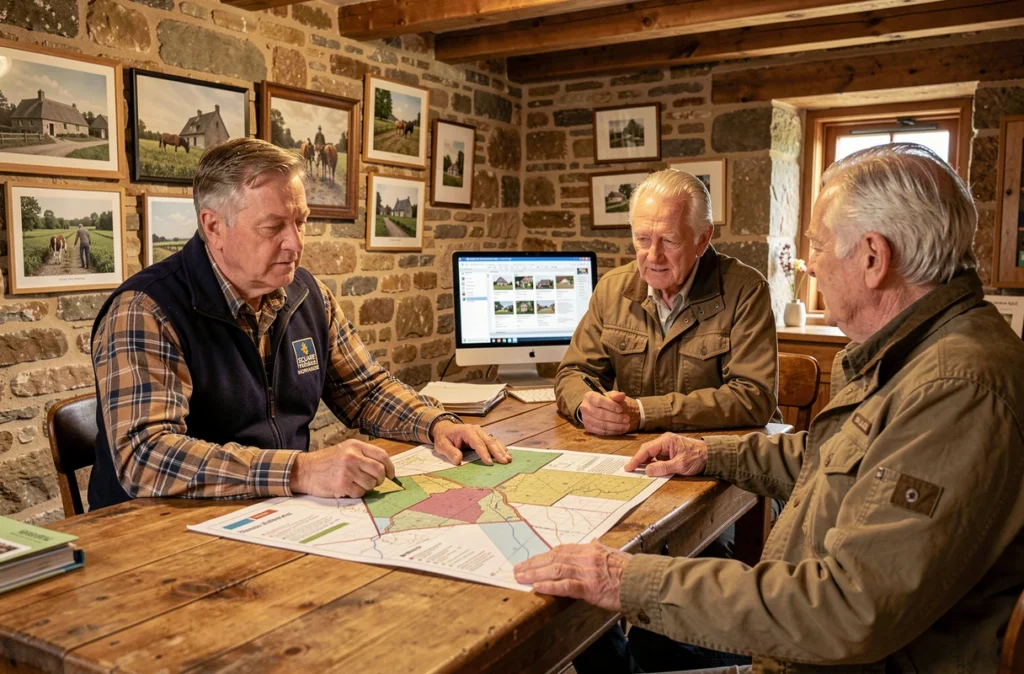 Conseiller Square Habitat Normandie présentant des opportunités d'investissement locatif rural dans le Calvados à un couple agriculteur