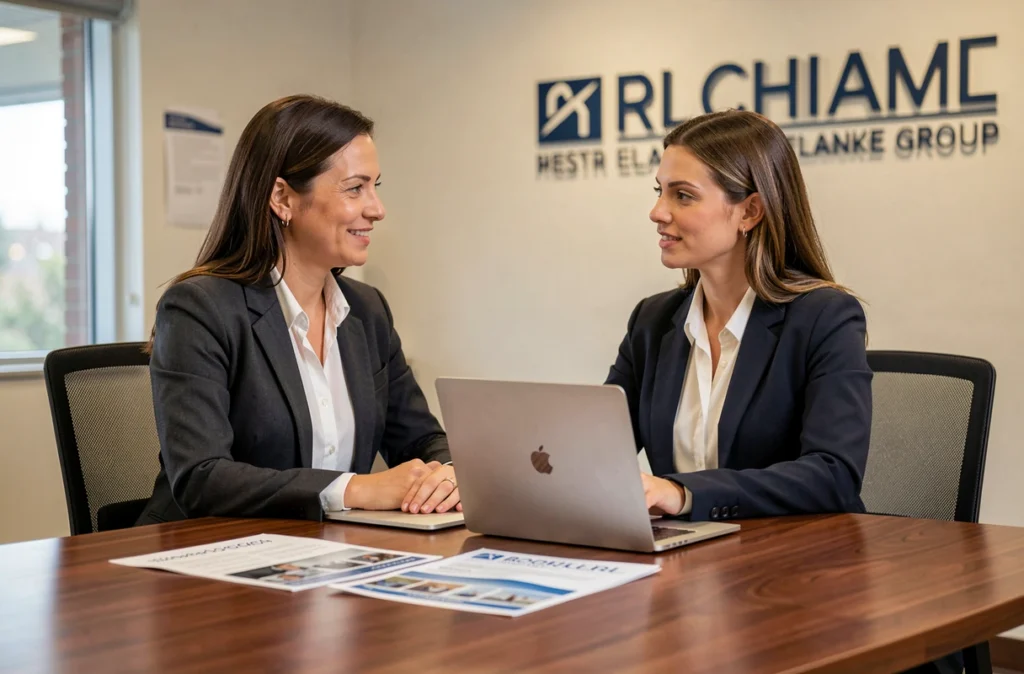 Conseillère du groupe Verspieren en réunion client dans un espace de travail corporate professionnel