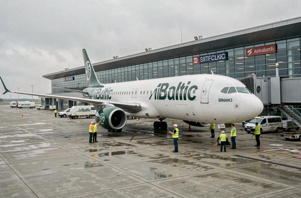 Avion AirBaltic sur le tarmac d'un aéroport européen avec personnel au sol, illustration de la santé financière de la compagnie