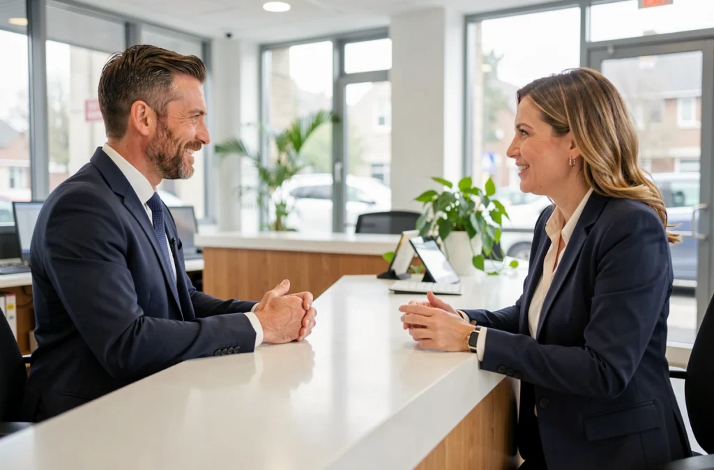 Client échangeant avec un conseiller bancaire à un guichet